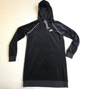 Nike Women's Black Velvet Hoodie Dress White Trim Embroidered Swoosh Logo